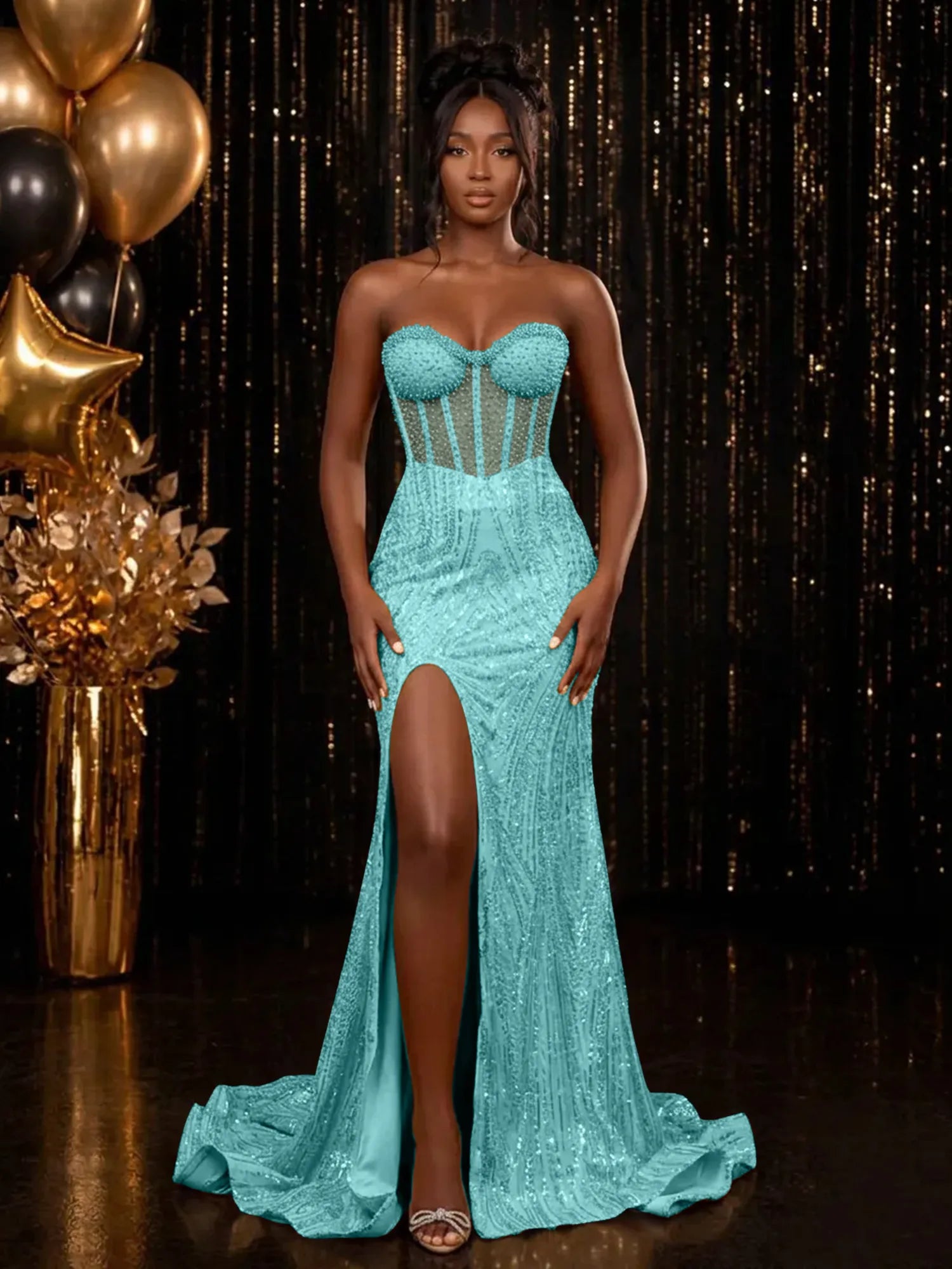 Strapless Sequin-Embellished Mermaid Prom Dress