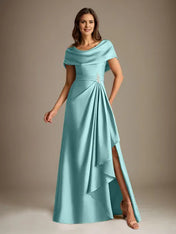 A-Line Scoop Floor-Length Stretch Satin Mother of the Bride Dress With Cascading Ruffles