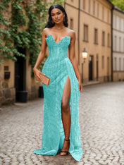 Red Strapless Beaded Fringe Waist Sequin Prom Dress with High Slit
