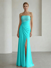 Glamorous Formal Evening Dress Soft Blush Beaded Strapless Slit Gown