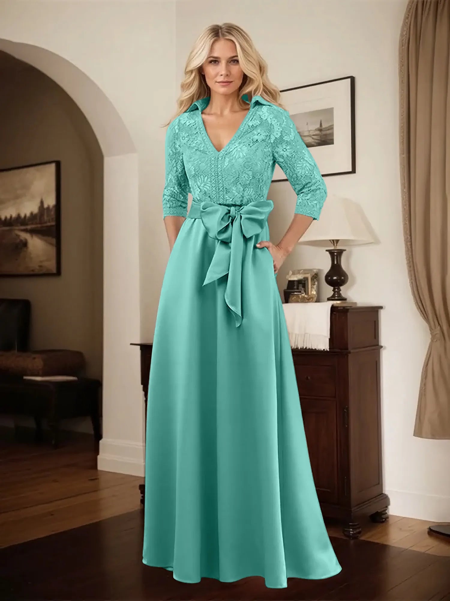 Classic V-Neck Bow Accented Satin Mother Of The Bride Dress With Lace