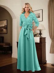 Classic V-Neck Bow Accented Satin Mother Of The Bride Dress With Lace