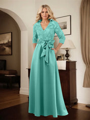 Classic V-Neck Bow Accented Satin Mother Of The Bride Dress With Lace