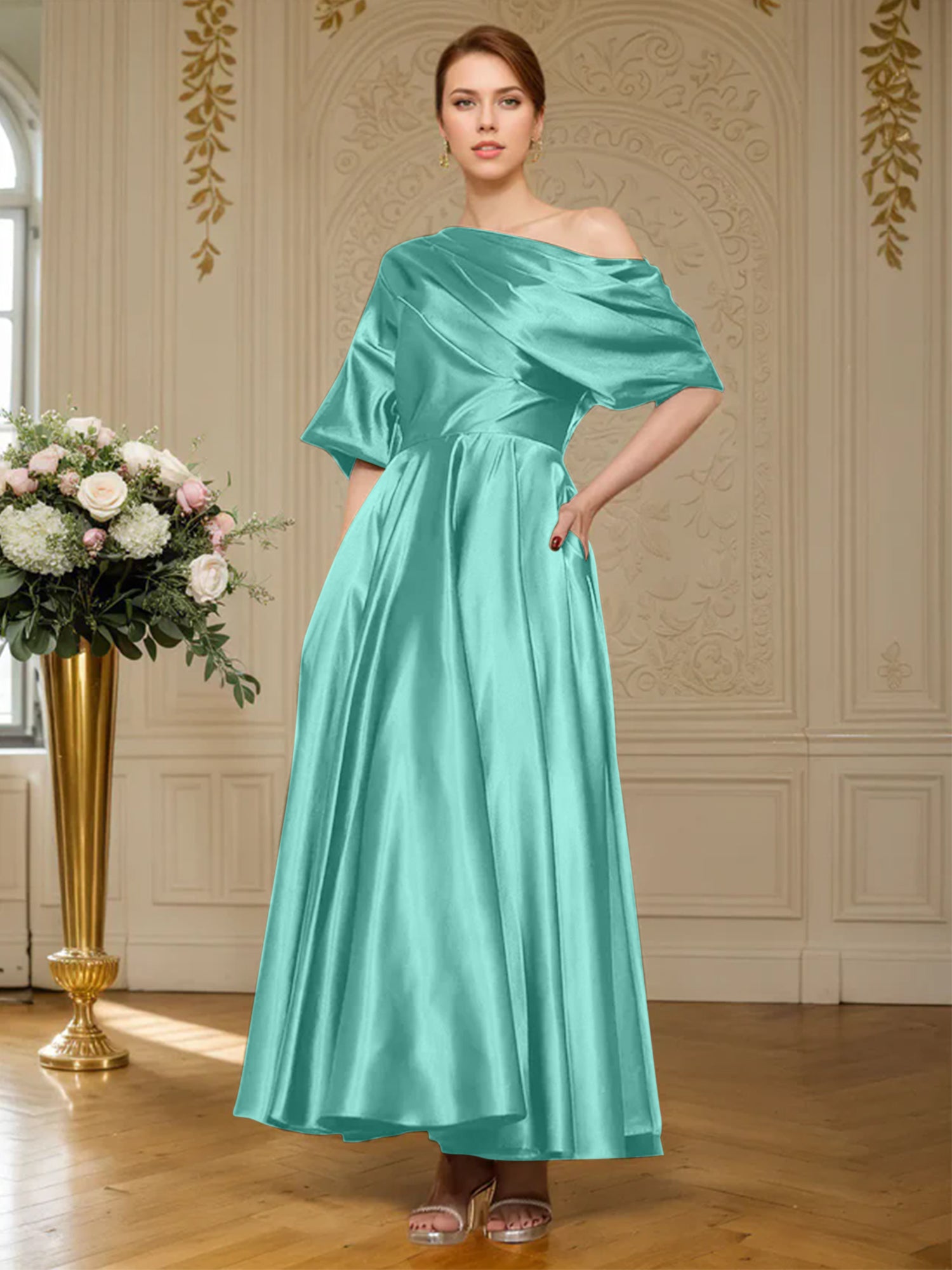 A-line Short Sleeves Pleated Ankle-Length Silk like Satin Mother of the Bride Dress