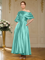 A-line Short Sleeves Pleated Ankle-Length Silk like Satin Mother of the Bride Dress