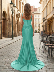 Purple Mermaid Spaghetti Straps Satin Long Corset Appliqued Prom Dress