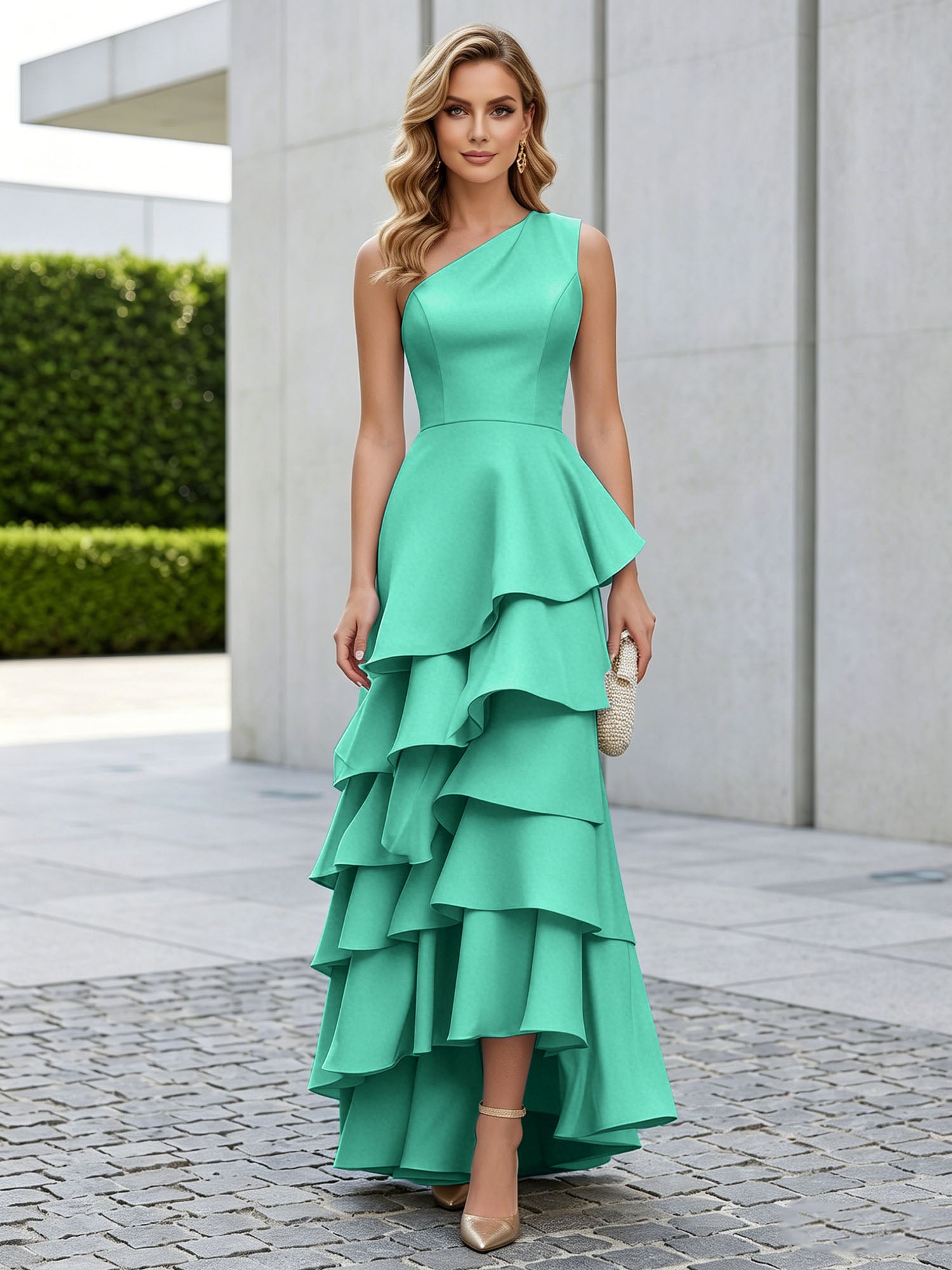 One Shoulder Tiered Ruffle Satin Mermaid Evening Gown with Sculptural Layers