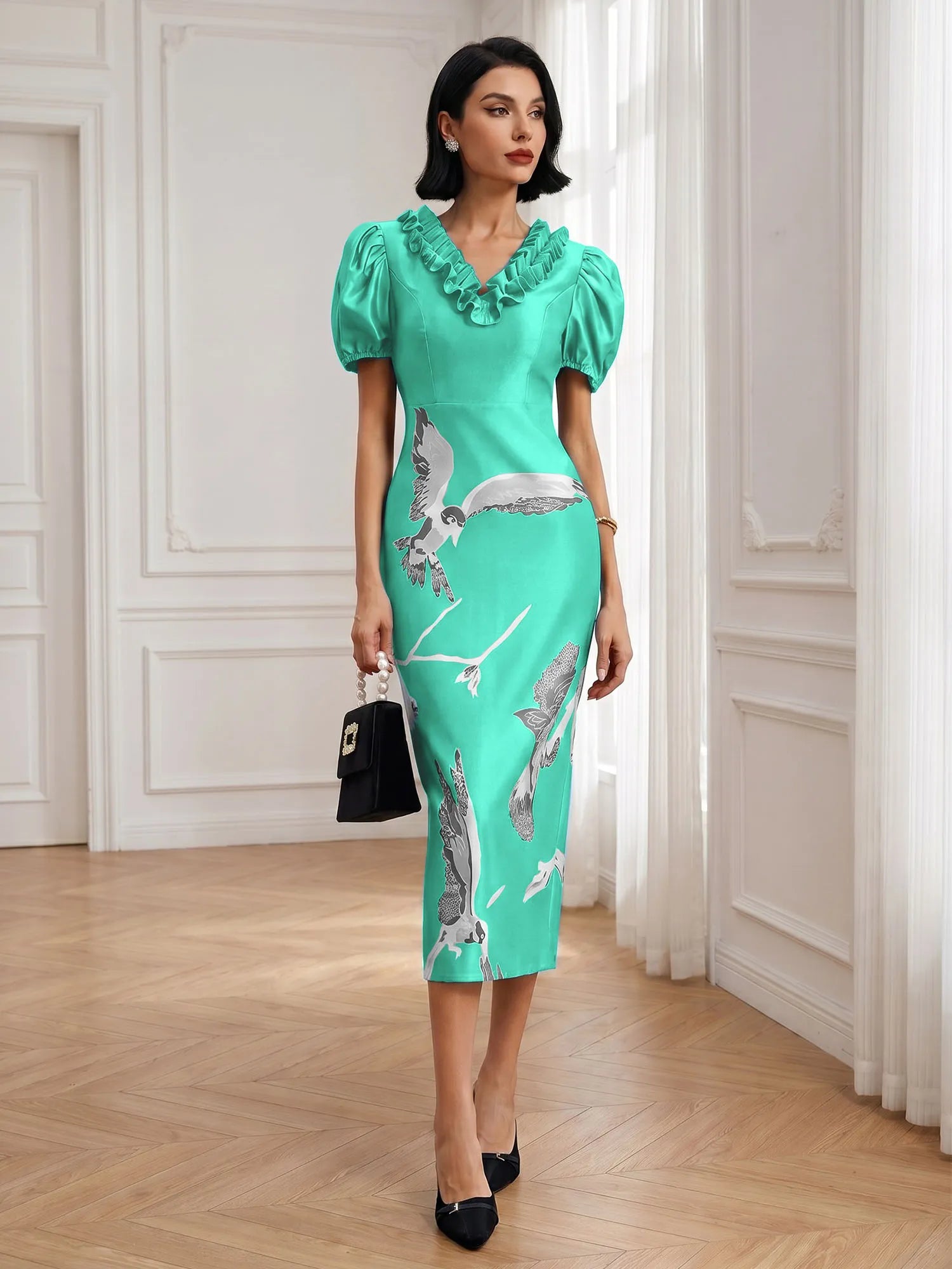 Black Folds V Neck Puff Sleeve Midi Sheath Dress