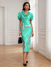 Black Folds V Neck Puff Sleeve Midi Sheath Dress