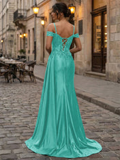 Emerald Green Beaded Corset Satin Long Prom Dress