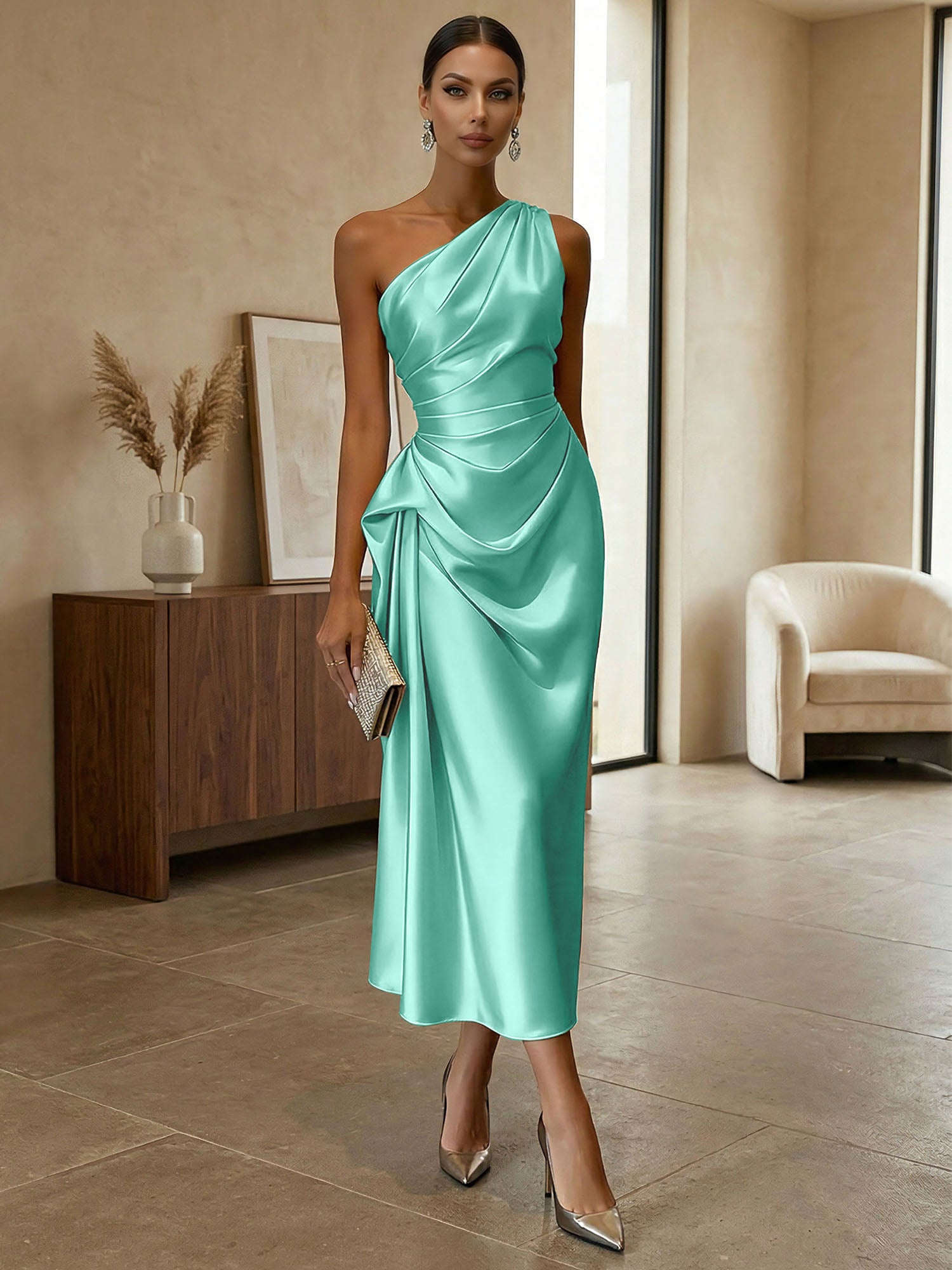 Champagne Ruched Satin One Shoulder Sleeveless Sheath Midi Dress