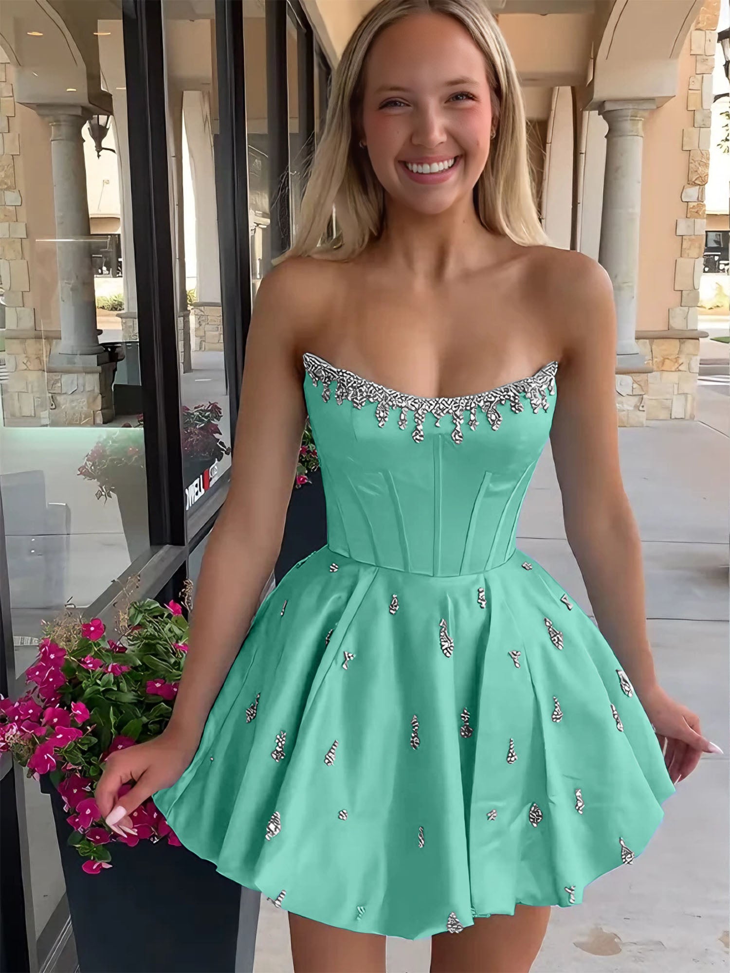 Sparkly Satin A Line Short Corset Homecoming Dress with Rhinestones