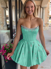 Sparkly Satin A Line Short Corset Homecoming Dress with Rhinestones