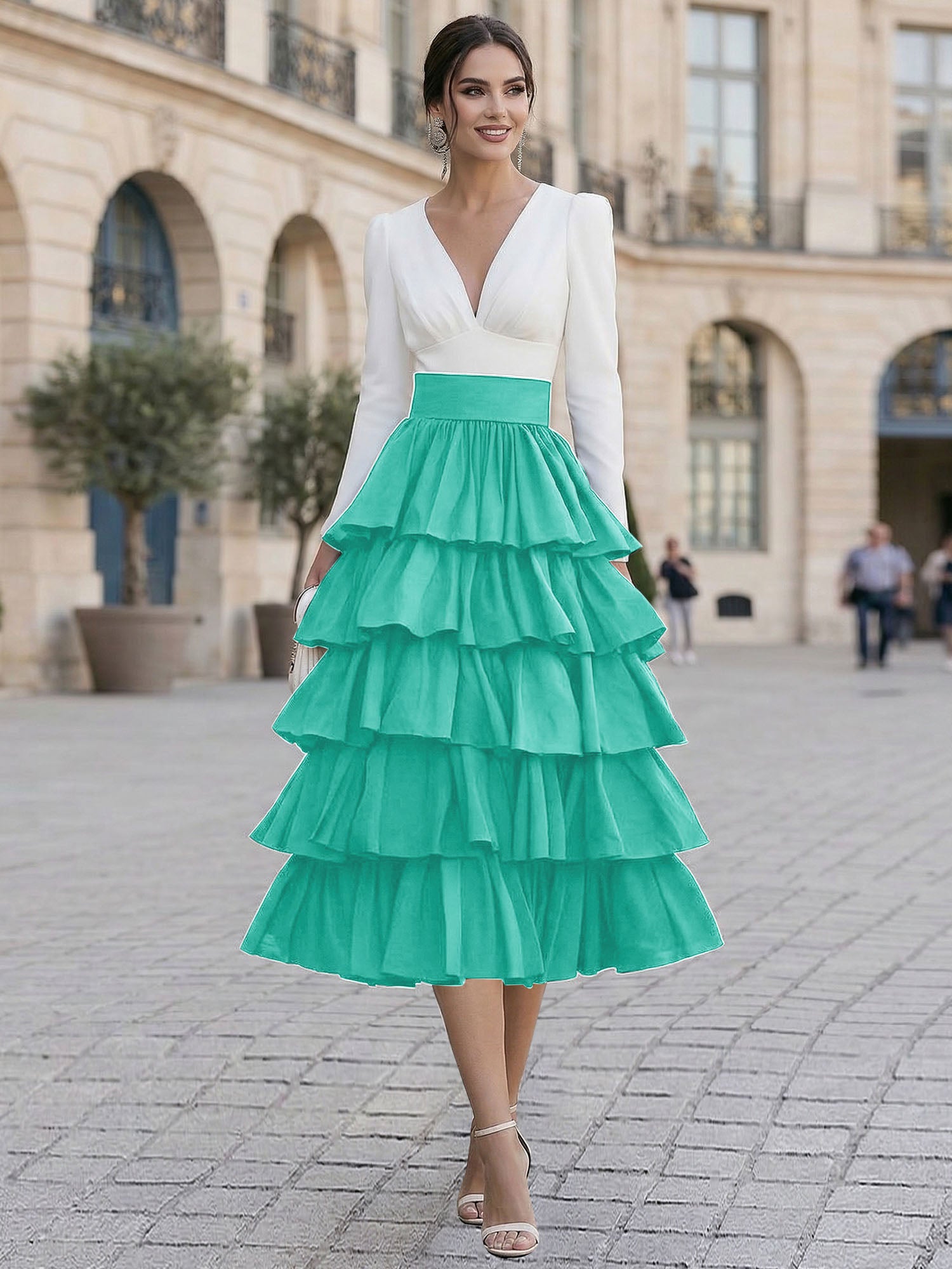 Chic Formal Evening Gown Monochrome V-Neck Tiered Ruffle Midi Dress