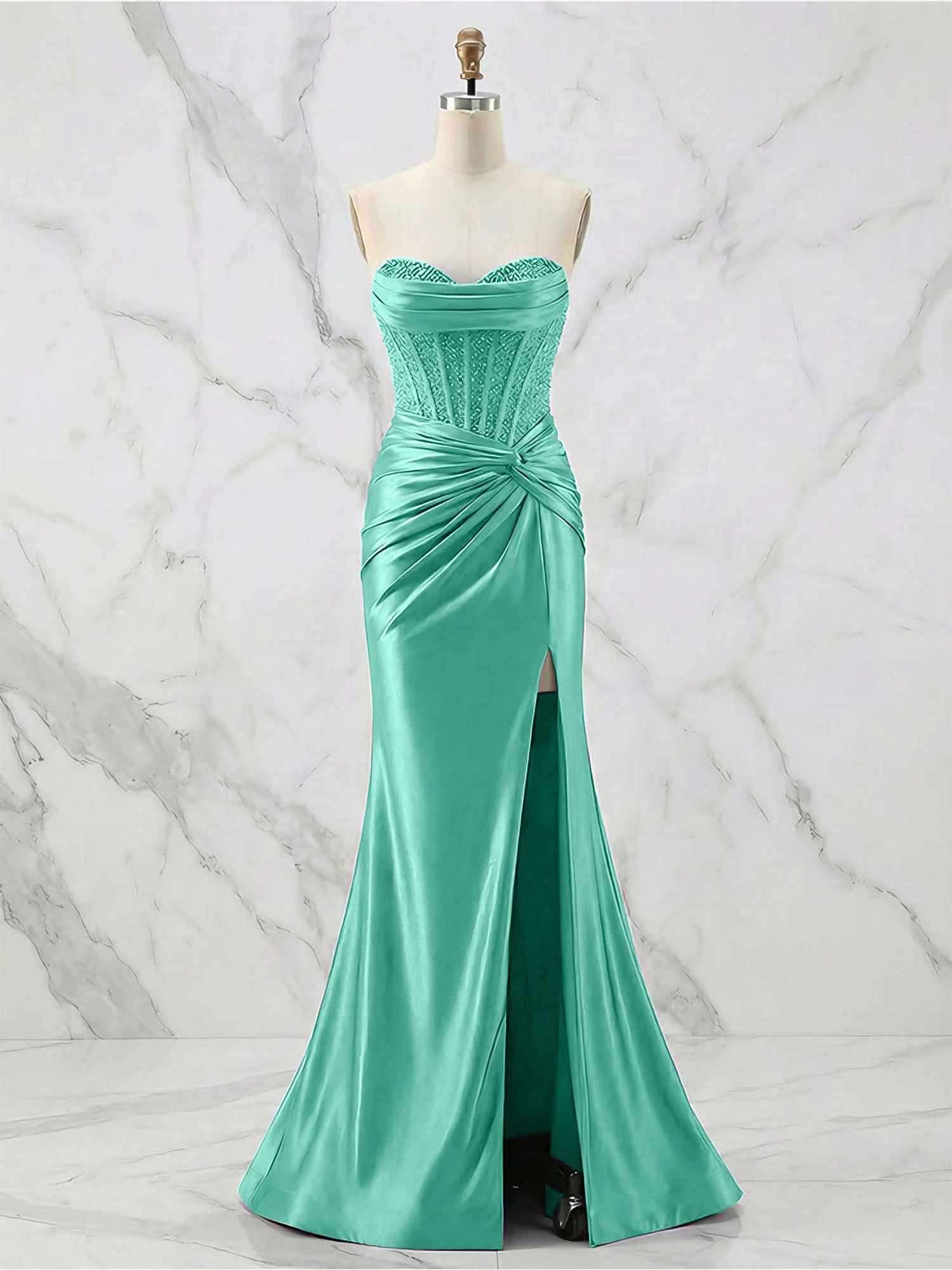 Glamorous Strapless Beaded Corset Satin Prom Dress with Slit