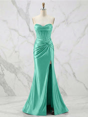 Glamorous Strapless Beaded Corset Satin Prom Dress with Slit