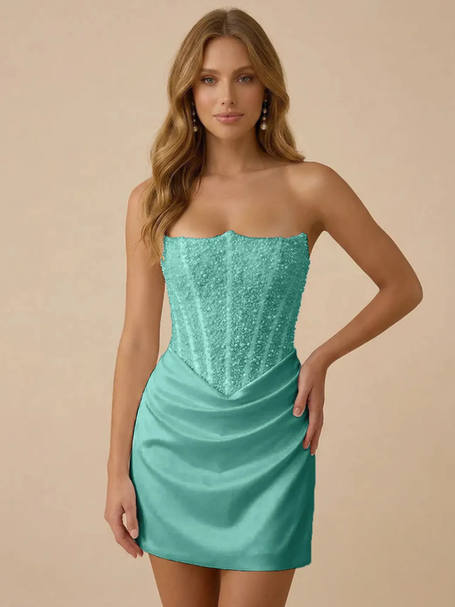 White Strapless Sequin Beaded Satin Short Homecoming Dress with Corset