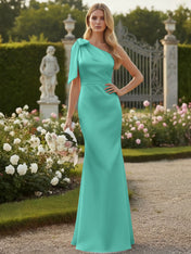 Light Blue One Shoulder Satin Sheath Long Bridesmaid Dresses