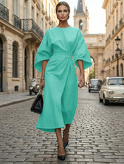 Loose Batwing Sleeve Dress Tight Waist Solid Color Elegant Dresses
