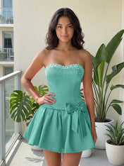 Fuchsia Pearl Corset Short Homecoming Dresses Large Waist Bow Lace Up Back