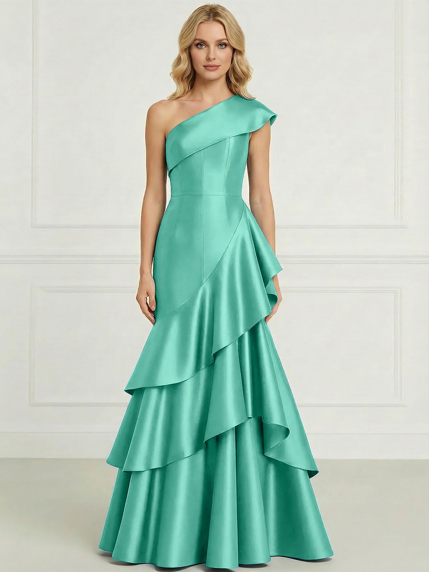 Formal Evening Dress Dark Blue One-Shoulder Satin Tiered Maxi Gown