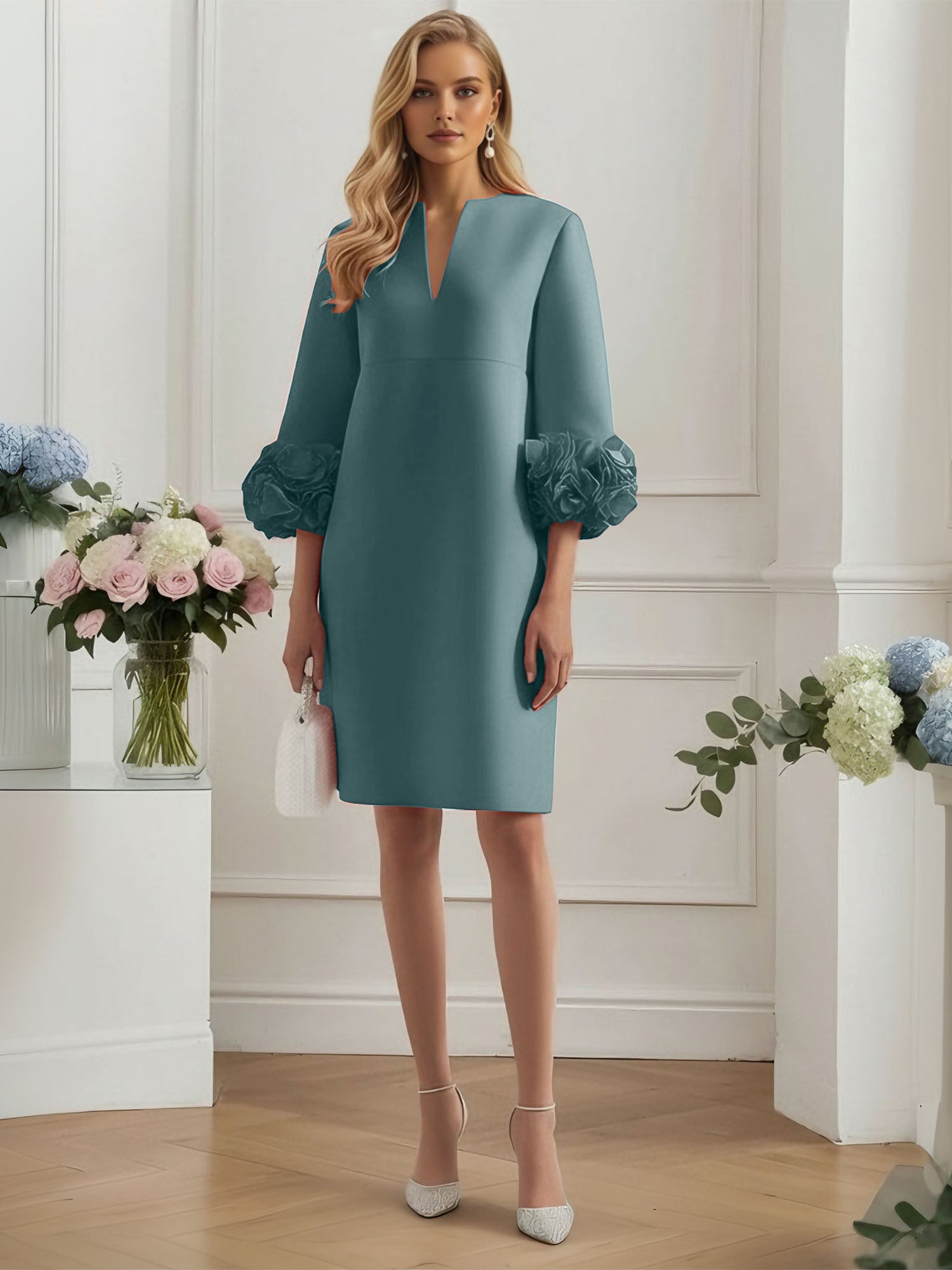 3D Floral Classic Notched Long Sleeve A-Line Midi Dress