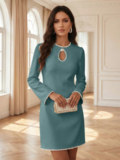White Pearl Hollow Out Classic Crew Neck Long Sleeve Shift Mini Dress Gown