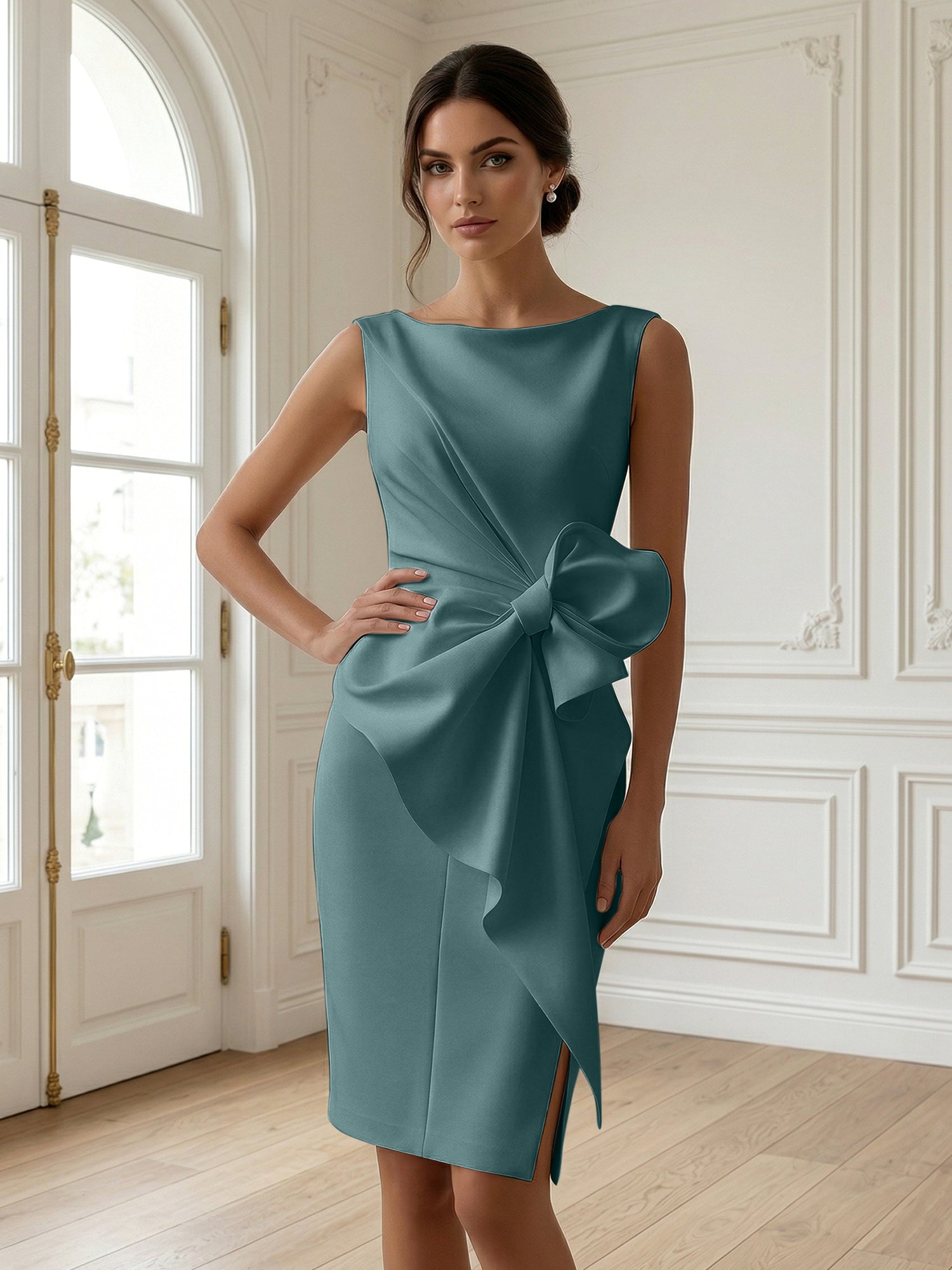 White 3D Bow Sleeveless Sheath Midi Dress Evening Gown