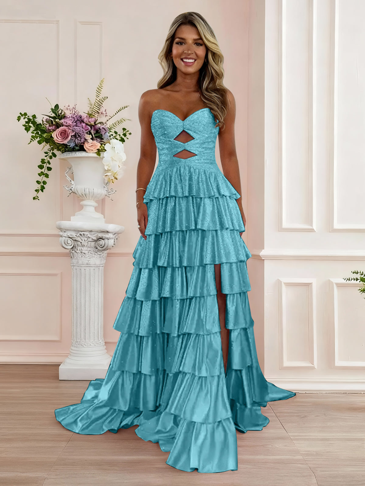 A Line Strapless Sweetheart Satin Prom Dress with Keyhole