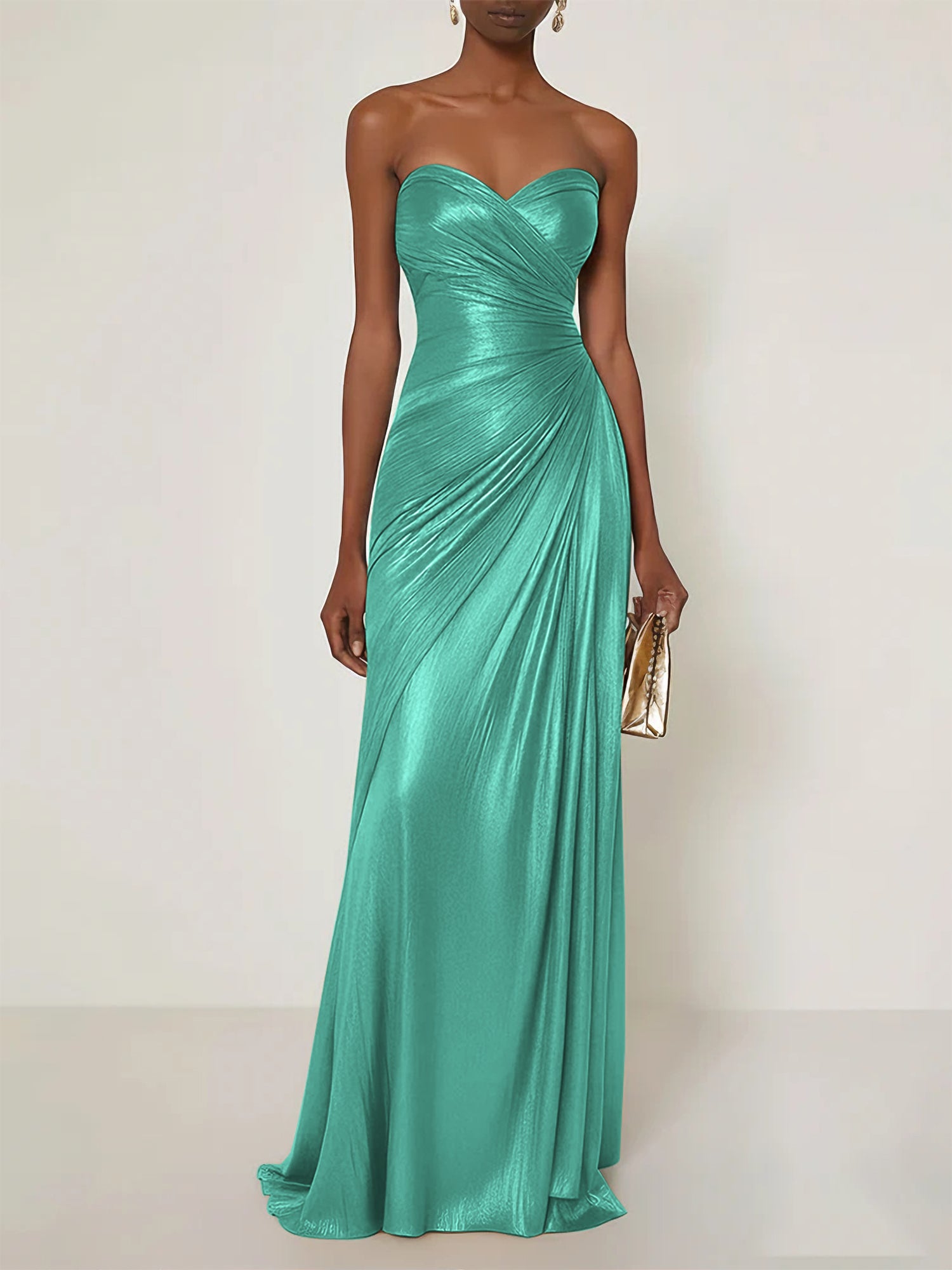 Evening Formal Dress V Neck Silver Silk Ruffles Strapless Maxi Dress