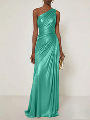 Evening Formal Dress One Shoulder Silk Ruffles Maxi Dress