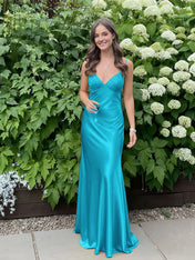 Blue A Line V-neck Beaded Back Tie Long Prom Dress
