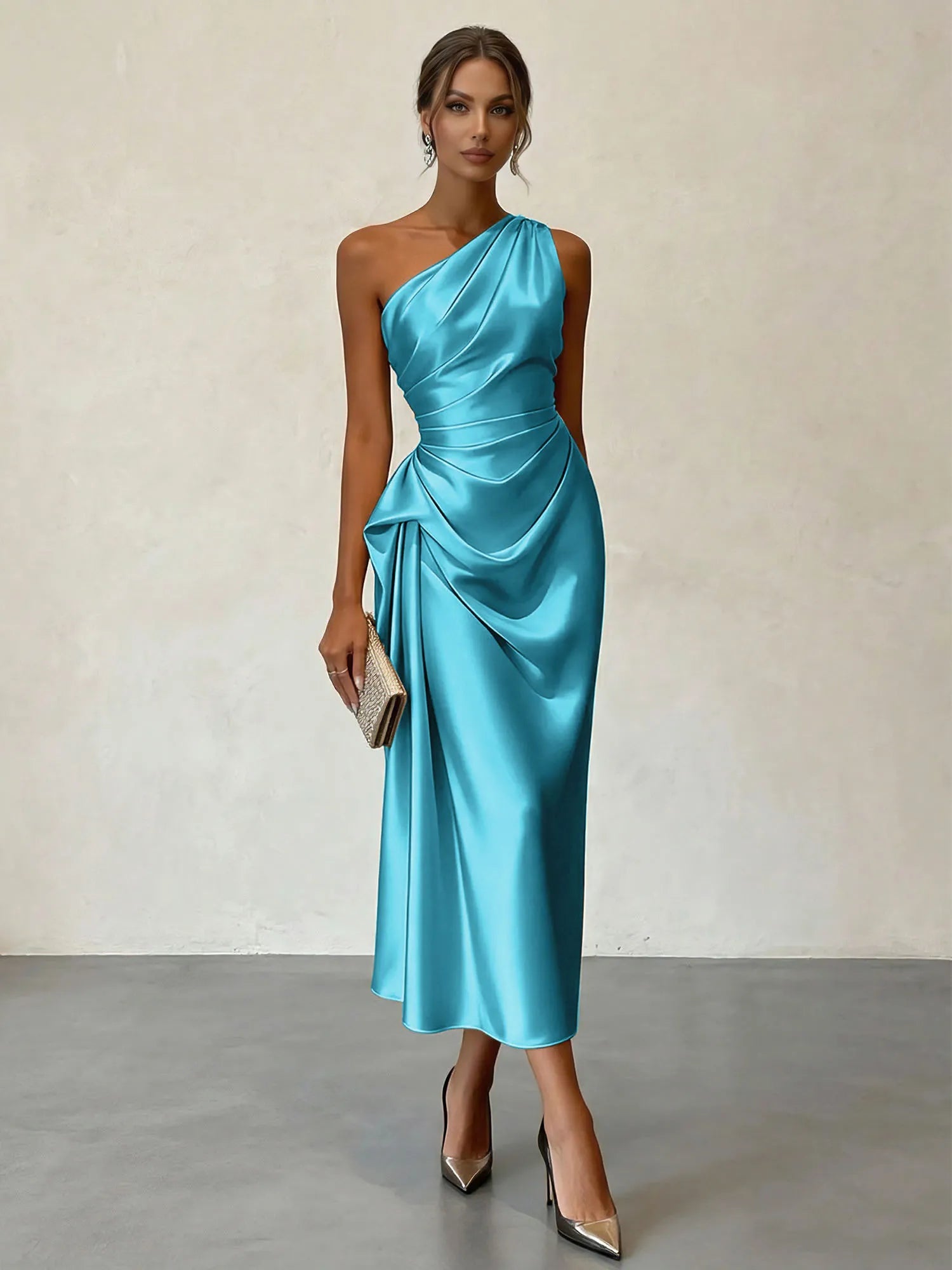 Champagne Ruched Satin One Shoulder Sleeveless Sheath Midi Dress