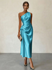 Champagne Ruched Satin One Shoulder Sleeveless Sheath Midi Dress