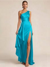 Sleek Foraml Evening Gown Midnight Navy One-Shoulder Satin Slit Maxi Dress