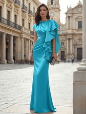 Elegant Formal Evening Dress Moonlight Silver Asymmetrical Ruffle Satin Gown