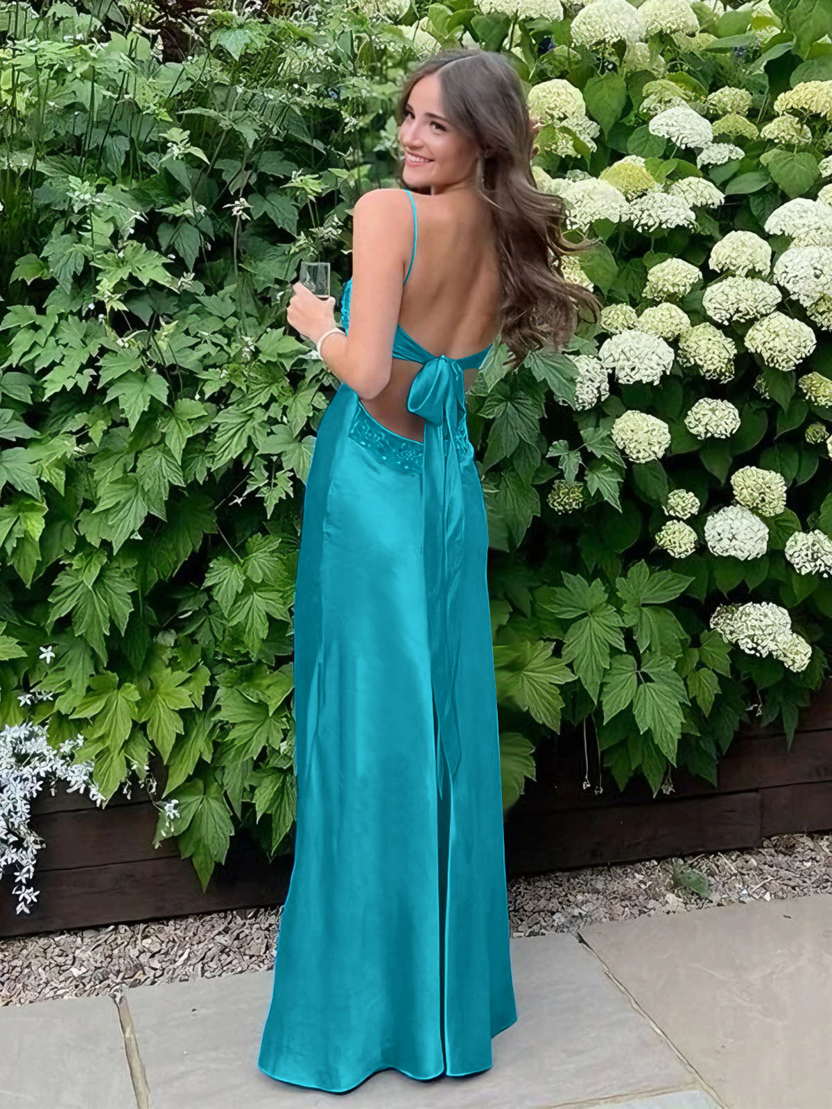 Blue A Line V-neck Beaded Back Tie Long Prom Dress