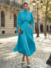 Sophisticated Emerald Green Satin High-Neck Midi Dress Gown