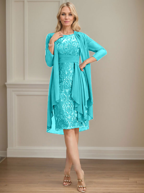 Column Scoop Illusion Knee-Length Lace Chiffon Mother of the Bride Dress With Cascading Ruffles Sequins