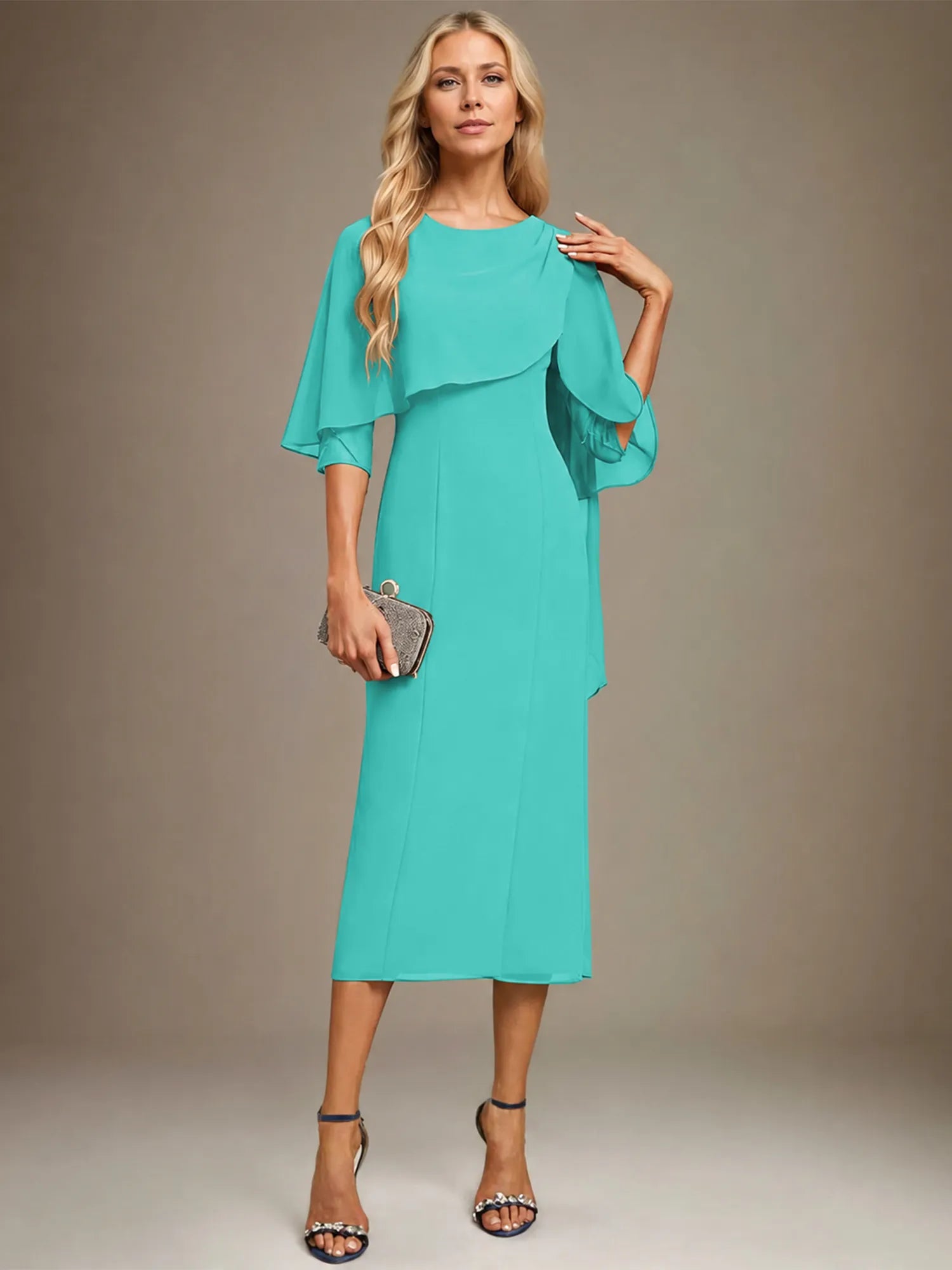 Column Scoop Tea Length Chiffon Dress With Pleated Beading