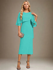 Sheath/Column Scoop Tea Length Chiffon Dress With Pleated Beading