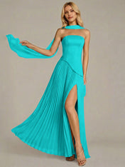 Navy A Line Satin Off The Shoulder Sleeveless Floor Length Dress