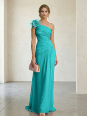 Blush Pink One-Shoulder Ruched 3D Floral Gown Dress