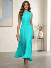 Ethereal Formal Evening Dress Ice Blue Pleated Chiffon Maxi Gown