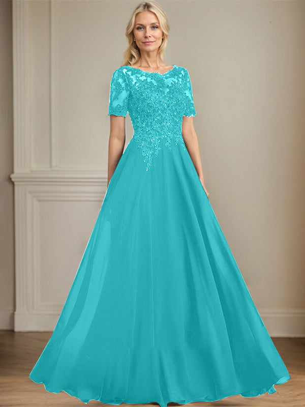 A-line Scoop Illusion Floor-Length Chiffon Lace Mother of the Bride Dress With Sequins Beading
