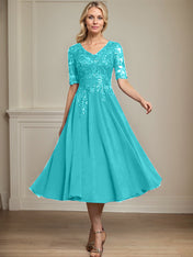 A-line V-Neck Tea-Length Lace Chiffon Mother of the Bride Dress With Sequins