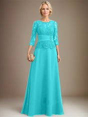 A-line Scoop Illusion Floor-Length Chiffon Lace Mother of the Bride Dress With Pleated Sequins Beading