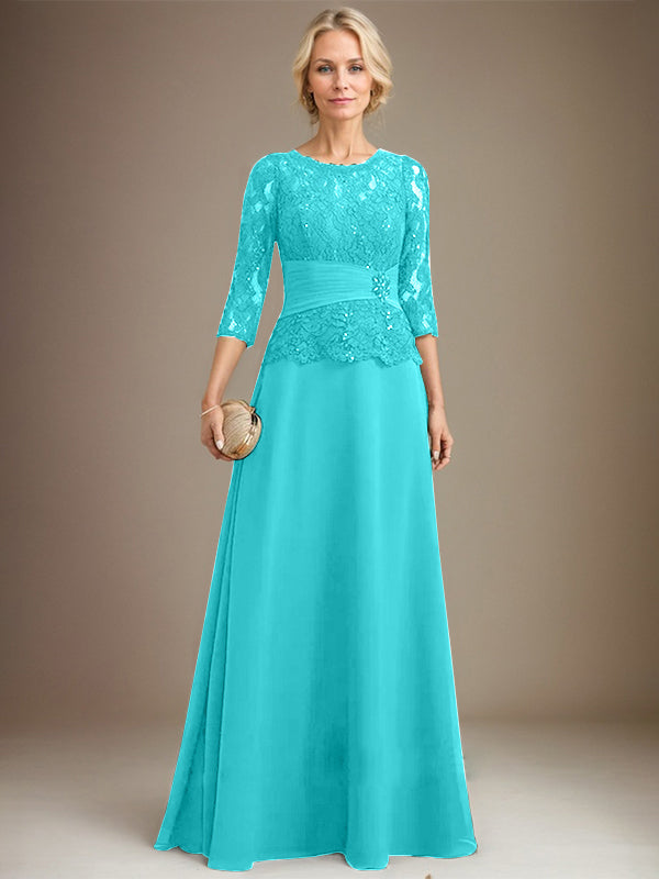 A-line Scoop Illusion Floor-Length Chiffon Lace Mother of the Bride Dress With Pleated Sequins Beading