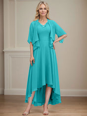 A-line V-Neck Asymmetrical Chiffon Mother of the Bride Dress With Beading Sequins