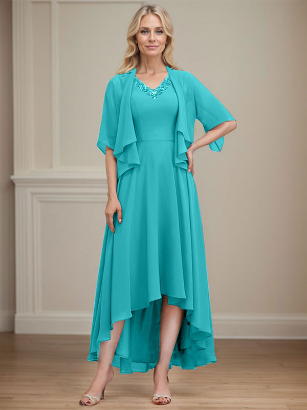 A-line V-Neck Asymmetrical Chiffon Mother of the Bride Dress With Beading Sequins